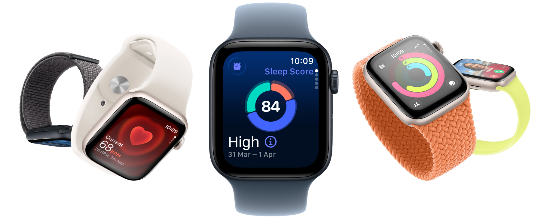 Apple Watch SE 3 with aluminium cases available in starlight and midnight colours, featuring apps such as Vitals app, Heart Rate app, sleep score, Activity rings and incoming call