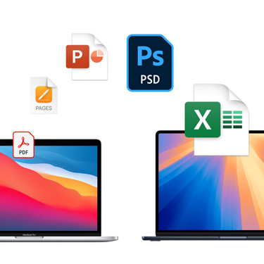 Imagem da parte da frente de dois computadores MacBook com diferentes fundos de tela coloridos. Ícones de arquivos, como Acrobat, Pages, PowerPoint, Photoshop e Excel estão dispostos em arco acima dos aparelhos.