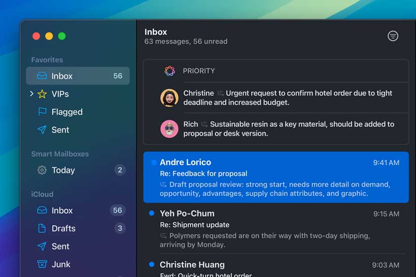Recurso Mensagens Prioritárias da Apple Intelligence no app Mail.