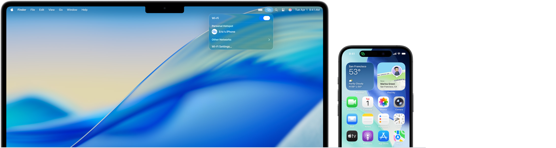 MacBook Pro de 14 polegadas com a Central de Controle aberta na barra de menus, o Acesso Pessoal mostra uma conexão com o iPhone de Eric, iPhone 16 com o indicador de Acesso Pessoal verde no canto superior esquerdo da tela