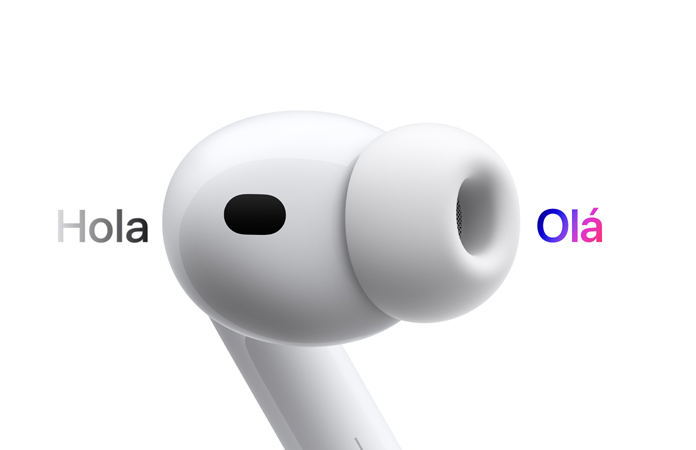 Fone do AirPods Pro 3 demonstrando a tradução ao vivo do espanhol para o inglês.