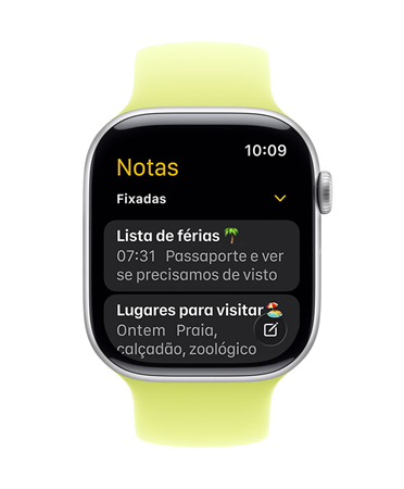 Apple Watch prateado com pulseira trançada na cor peônia, o mostrador exibe o app Notas, com duas notas fixadas.