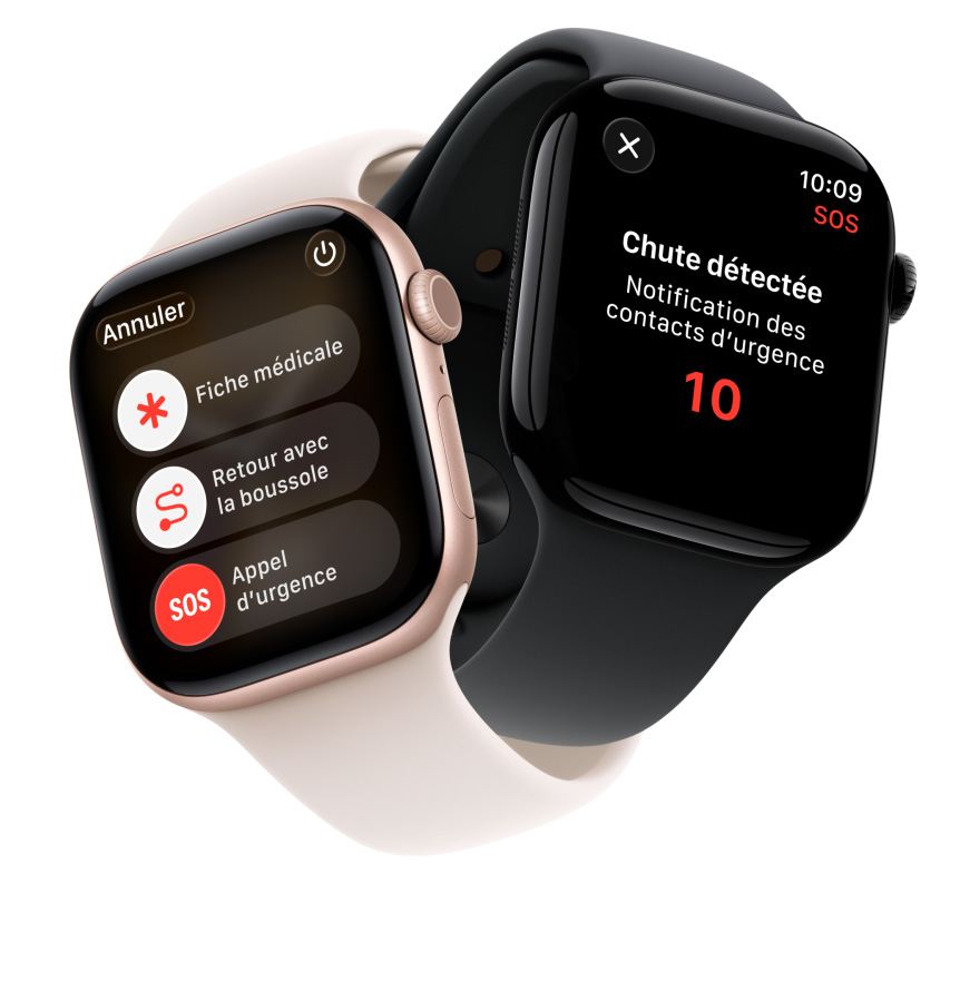 Deux montres Apple Watch Series 11 entrelacées, boîtiers en aluminium, or rose et noir de jais poli, avec les fonctionnalités de sécurité Fiche médicale, Retour avec la boussole et Appel d’urgence, bracelets sport, rose tendre et noir, animation