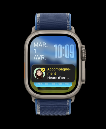 Apple Watch Ultra 3, noir, boîtier en titane, notification d’Accompagnement au-dessus de la pile intelligente