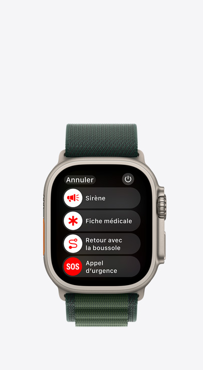 Une Apple Watch affichant une liste de fonctionnalités d’urgence : Sirène, Fiche médicale, Retour avec la boussole et Appel d’urgence