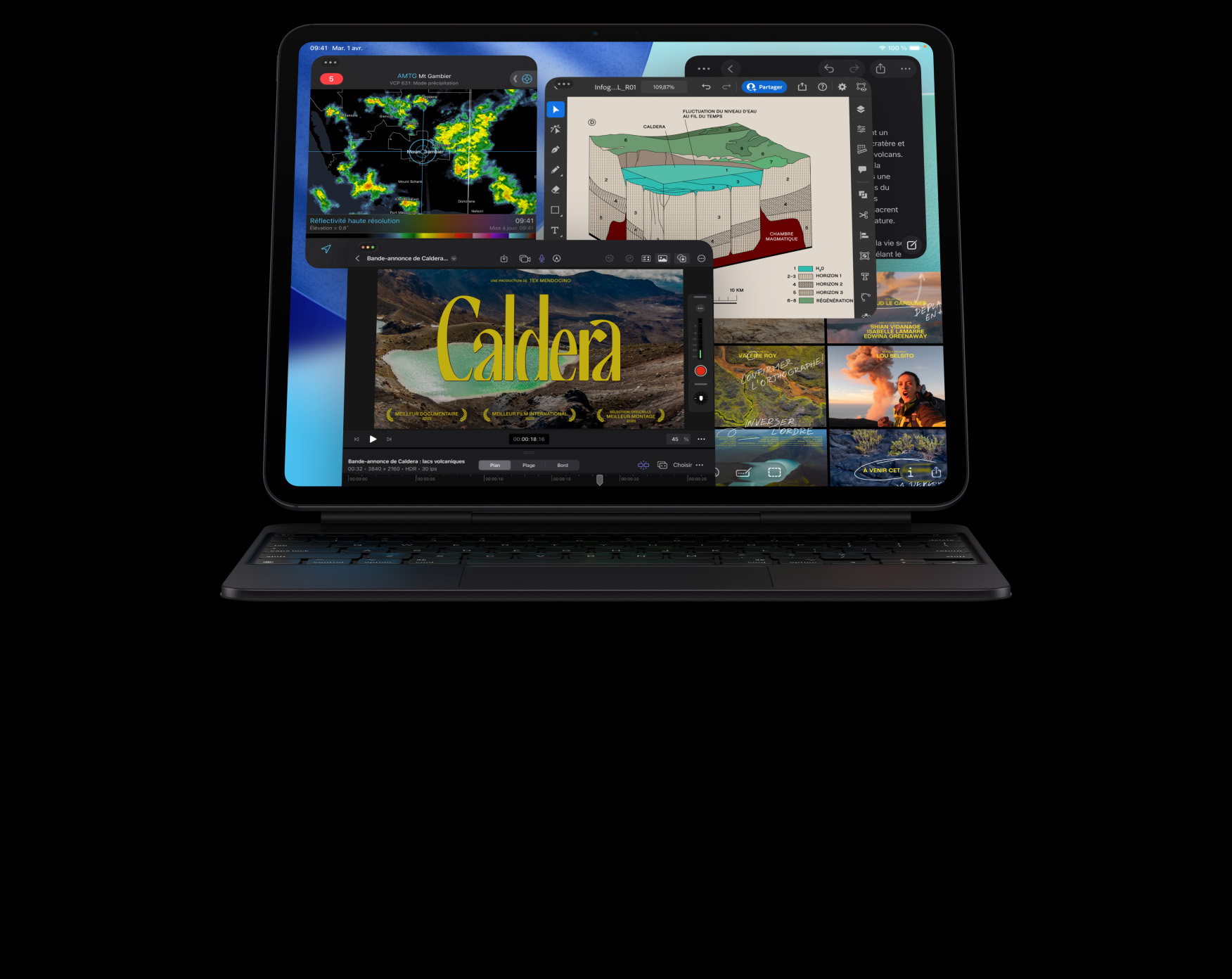 Un iPad Pro, face avant, orientation paysage, noir infini, fixé à un Magic Keyboard, noir infini, écran avec de nombreuses fenêtres d’apps, dont Final Cut Pro qui affiche ses multiples fonctionnalités de montage vidéo et une timeline, Plans, Notes et divers contenus multimédias