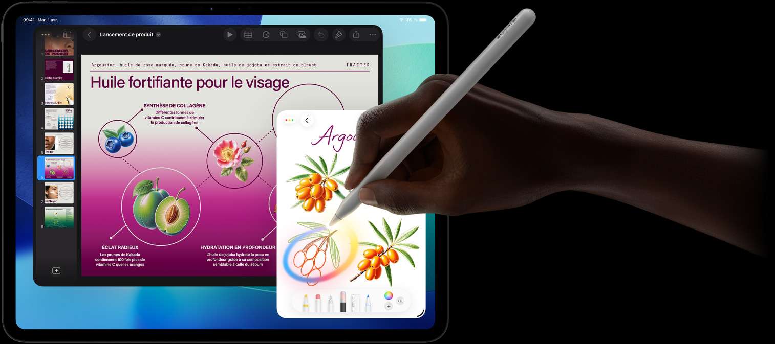 Un iPad Pro, face avant, écran avec fond en dégradé bleu foncé et vert, plusieurs apps ouvertes, une main tenant un Apple Pencil Pro encercle un croquis pour montrer la fonctionnalité de baguette graphique d’Apple Intelligence