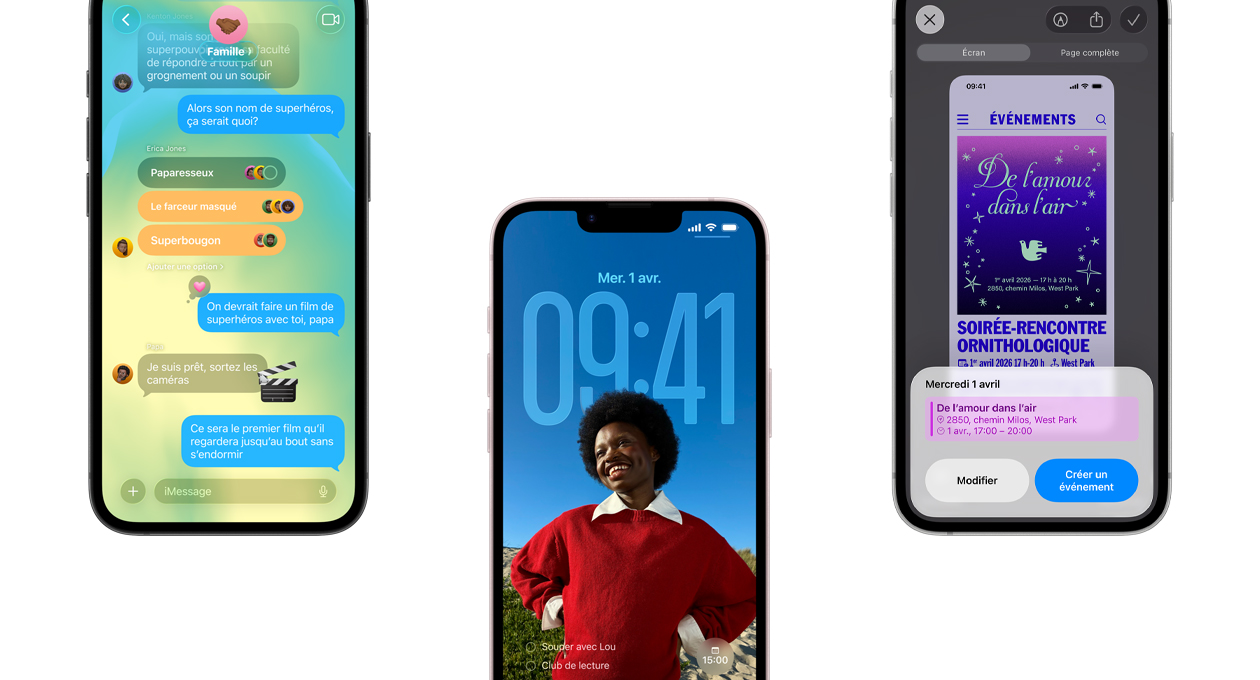 Trois iPhone dix-sept-e, montrant l’app Messages avec le design Liquid Glass, l’écran verrouillé dynamique et la fonctionnalité de capture d’écran avec un événement de Calendrier en cours d’utilisation