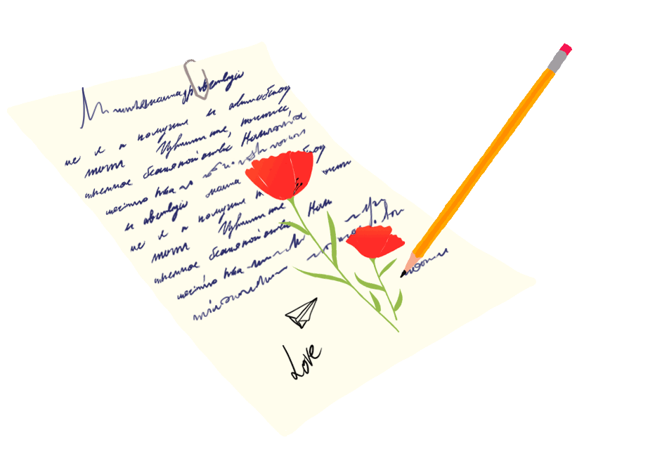 Håndskrevne breve med håndtegnede billeder glider ind over billedet.