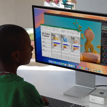 Una mujer sentada en un escritorio trabaja en una hoja de cálculo de Excel en un Mac. La hoja de cálculo de Excel es un registro de ventas del cuarto trimestre. Detrás de la ventana con la hoja de cálculo de Excel hay una ventana de Pixelmator Pro.