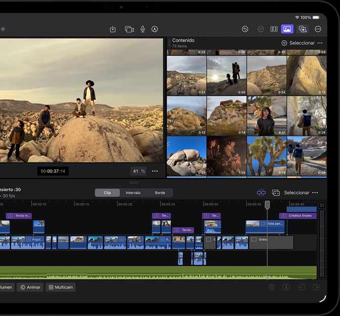 iPad Pro, parte frontal, en posición horizontal, negro espacial, se muestra la interfaz de Final Cut Pro con un proyecto abierto de aventura en el desierto, foto de cuatro personas en un paisaje desértico, varios clips de video y línea de tiempo