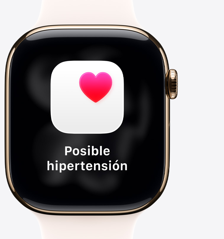 Apple Watch Series 11, caja de aluminio, color oro rosa, notificación de posible hipertensión, corazón rosado en un recuadro blanco, parte lateral derecha, Digital Crown, correa deportiva rosa rubor