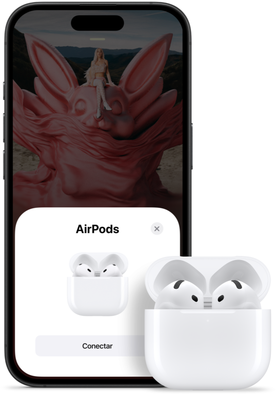 Un estuche de carga abierto con los AirPods 4 en su interior junto a un iPhone que muestra que los audífonos se han conectado.