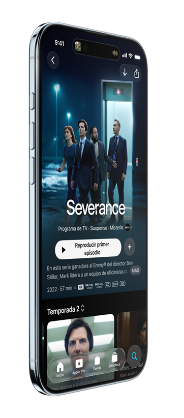 Un iPhone Air, parte frontal, parte lateral, con las apps Mapas, Música y Apple TV+, que muestra la funcionalidad Selector de Apps en uso