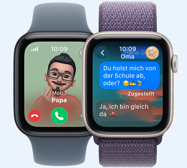 Zwei Apple Watches. Eine mit einem Bild von Papa, der anruft. Die andere mit einer Nachricht an Oma. Sie lautet: „Oma, wir haben das Spiel gewonnen.“