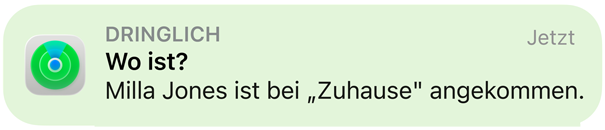 Animation einer Benachrichtigungsnachricht, die besagt, dass ein Kind in der Schule angekommen ist.