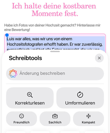 Das Schreibtools Feature mit den Optionen Korrekturlesen, Umformulieren, Freundlich, Sachlich und Kompakt