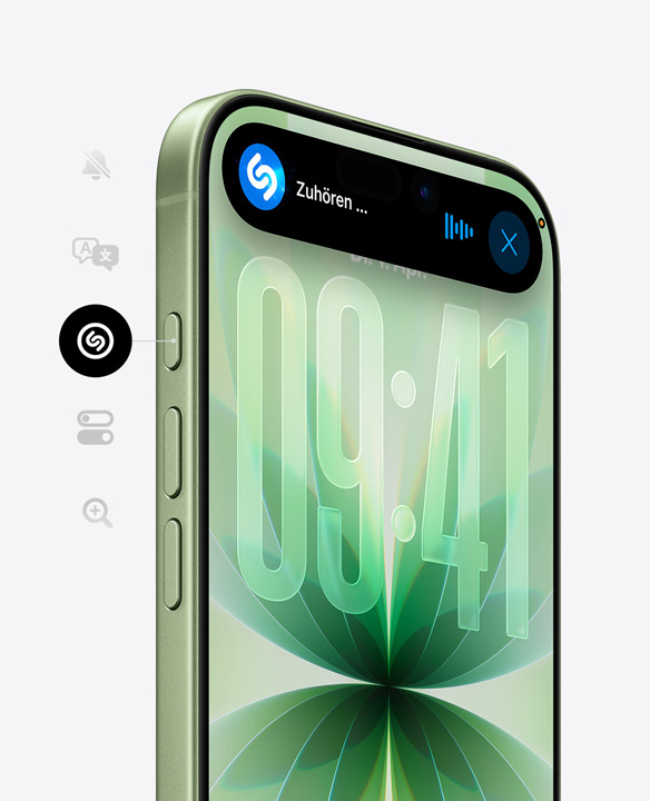 iPhone 17 in Salbei, Vorderseite mit Ceramic Shield, Dynamic Island zeigt Shazam, Seitenansicht zeigt: Actiontaste und Lautstärketasten