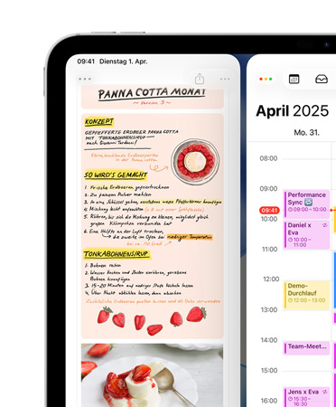 Ein iPad im Querformat, oben links auf dem Bildschirm sind die Notizen App und der Kalender als Beispiel für das Fenstersystem nebeneinander angeordnet