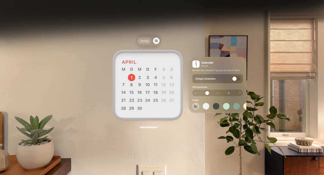 Kalender Widget für 1. April schwebt an der Wand, Widget für Erinnerung darüber, Optionen für Personalisierung zur Änderung der Rahmendicke und -farbe rechts daneben