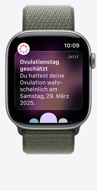 Apple Watch Series 11, Space Gray aluminum case color, Ovulation date esitmation notification from Cycle Tracking in Health app, Digital Crown, band, forest Sport Loop