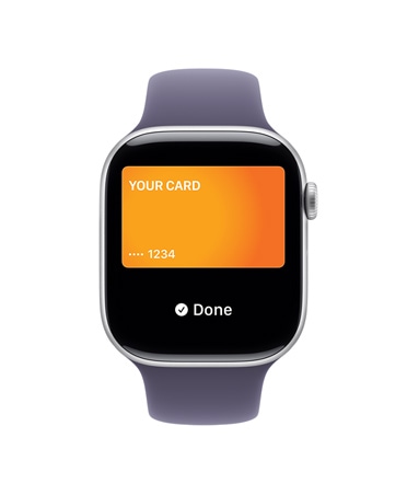 Apple Watch Series 11, gold color, titanium case, Apple Pay, right side exterior, Digital Crown, purple fog Sport Band