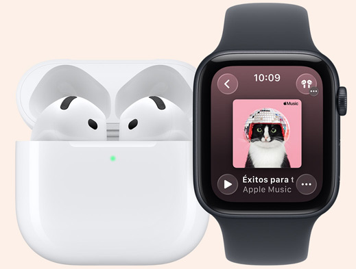 Unos AirPods junto a un Apple Watch.
