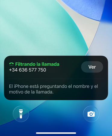 La app Teléfono con la prestación Filtro de Llamadas en uso