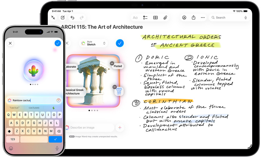 iPhone og iPad viser Genmoji, der laver en regnbuefarvet kaktus, og funktionen Billedmagi, der forvandler en skitse til en Mughal-pavillon.