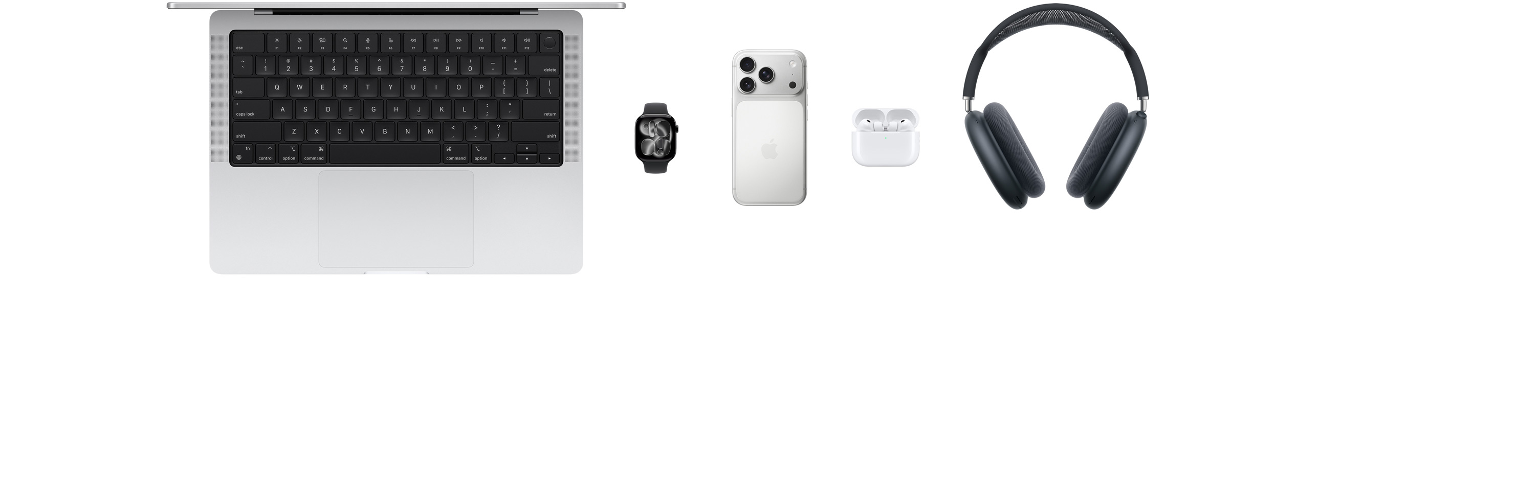 Various Apple products, including a MacBook, an Apple Watch Series 11, an iPhone 17 Pro, AirPods Pro 3 and AirPods Max