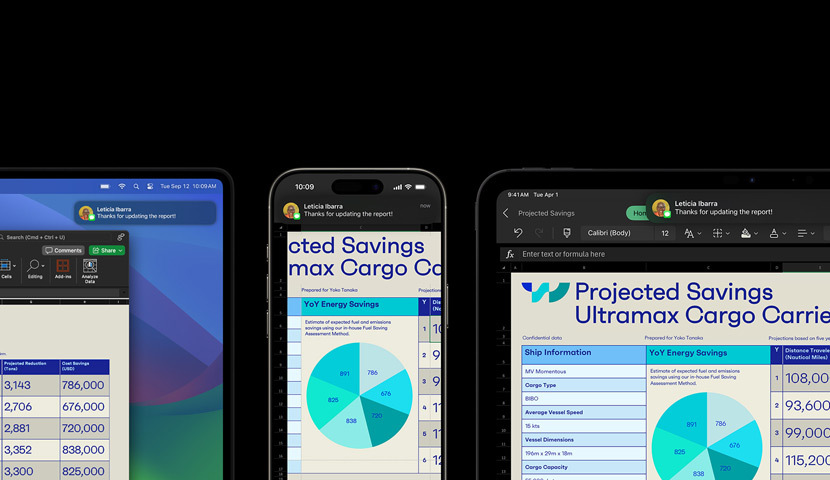 Esitys ja tekstiviesti näkyvillä laitevalikoimassa, johon sisältyvät Apple Watch, iPhone, Mac ja iPad.