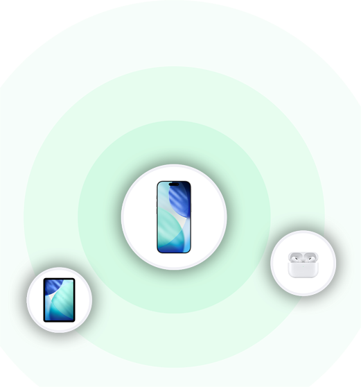 Icons representing an iPad, iPhone and AirPods sit on top of a green circular map marker.