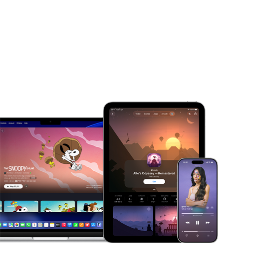 A MacBook with The Snoopy Show on Apple TV on screen, an iPad with Monument Valley on Apple Arcade on screen, an iPhone with good 4 u by Olivia Rodrigo playing on Apple Music on screen.