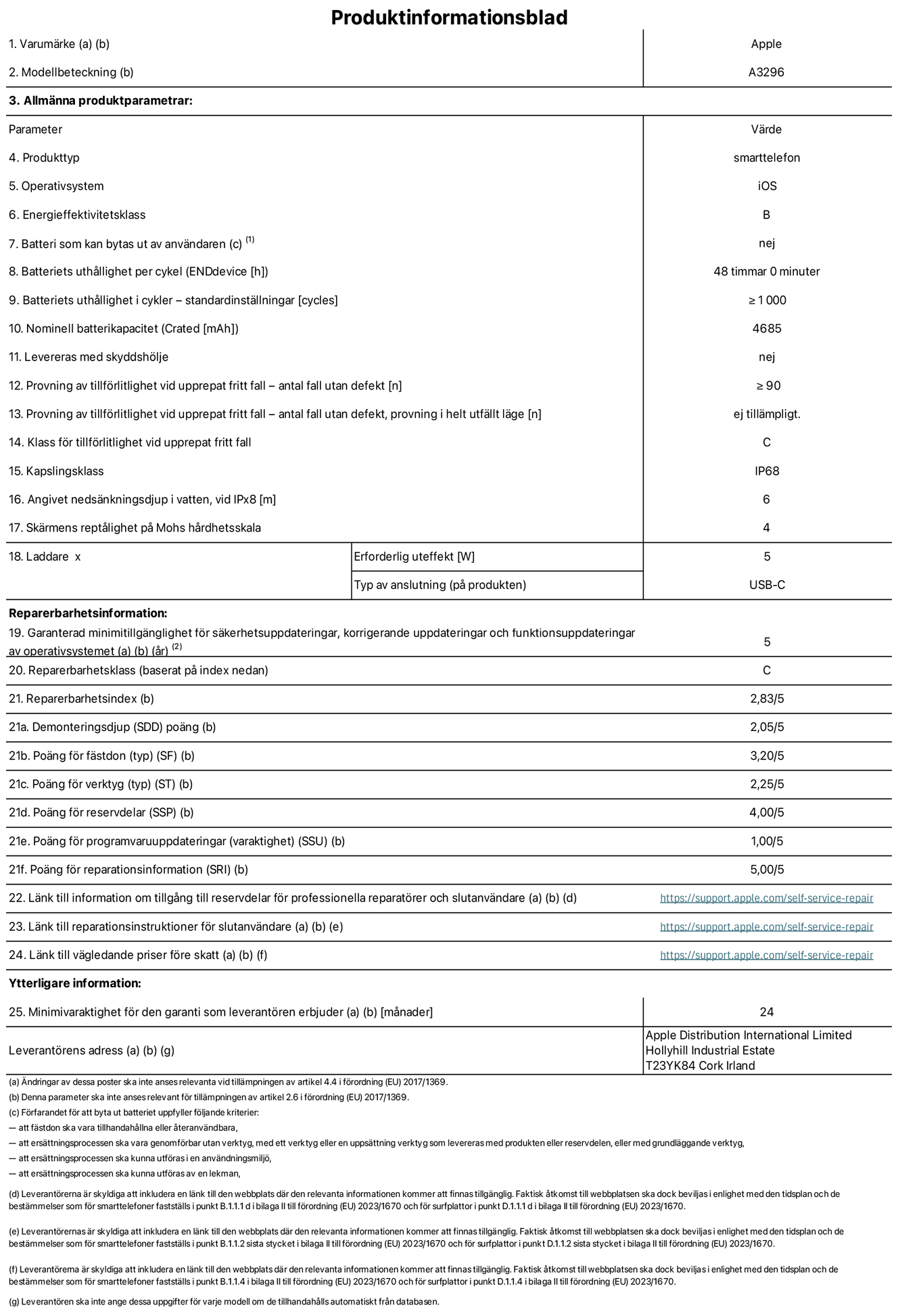 Produktinformationsblad för iPhone 16 Pro Max, modell A3296. Tillhandahålls av Apple Distribution International Limited, Hollyhill Industrial Estate. Cork, Irland T23 YK84. Enhetstyp: smartphone. Operativsystem: iOS. Energieffektivitetsklass: B. Batteri som kan bytas ut av användaren: nej. Batteritid per laddningscykel: 48 timmar. Batteriets livslängd i antal cykler – standardinställningar: ≥ 1000. Nominell batterikapacitet: 4685 mAh. Levereras med skyddsfodral: nej. Tillförlitlighetstest vid upprepat fritt fall – antal fall utan defekter: ≥ 90. Tillförlitlighetstest vid upprepat fritt fall – antal fall utan defekter testat i helt utfällt läge: ej tillämpligt. Tillförlitlighet vid upprepat fritt fall: klass C. IP-klass: IP68. Angivet nedsänkningsdjup i vatten vid iPx8: 6 meter. Skärmens reptålighet enligt Mohs hårdhetsskala: 4. Laddare – uteffekt som krävs: 5 W. Typ av uttag på laddaren: usb-c. Garanterad minimiperiod för tillgång till säkerhetsuppdateringar, korrigerande uppdateringar och funktionsuppdateringar av operativsystemet: 5 år. Reparerbarhetsklass: C. Reparerbarhetsindex: 2,83/5. Poäng för demonteringsdjup (SDD): 2,05/5. Poäng för fästen: 3,20/5. Poäng för verktyg: 1,00/5. Poäng för reservdelar: 4,00/5. Poäng för mjukvaruuppdateringar: 1,00/5. Poäng för reparationsinformation: 5,00/5. Länk till information om tillgängliga reservdelar för professionella reparatörer och slutanvändare: https://support.apple.com/self-service-repair. Länk till reparationsanvisningar för slutanvändare: https://support.apple.com/self-service-repair. Länk till vägledande priser före skatt: https://support.apple.com/self-service-repair. Produkten omfattas av 12 månaders garanti.