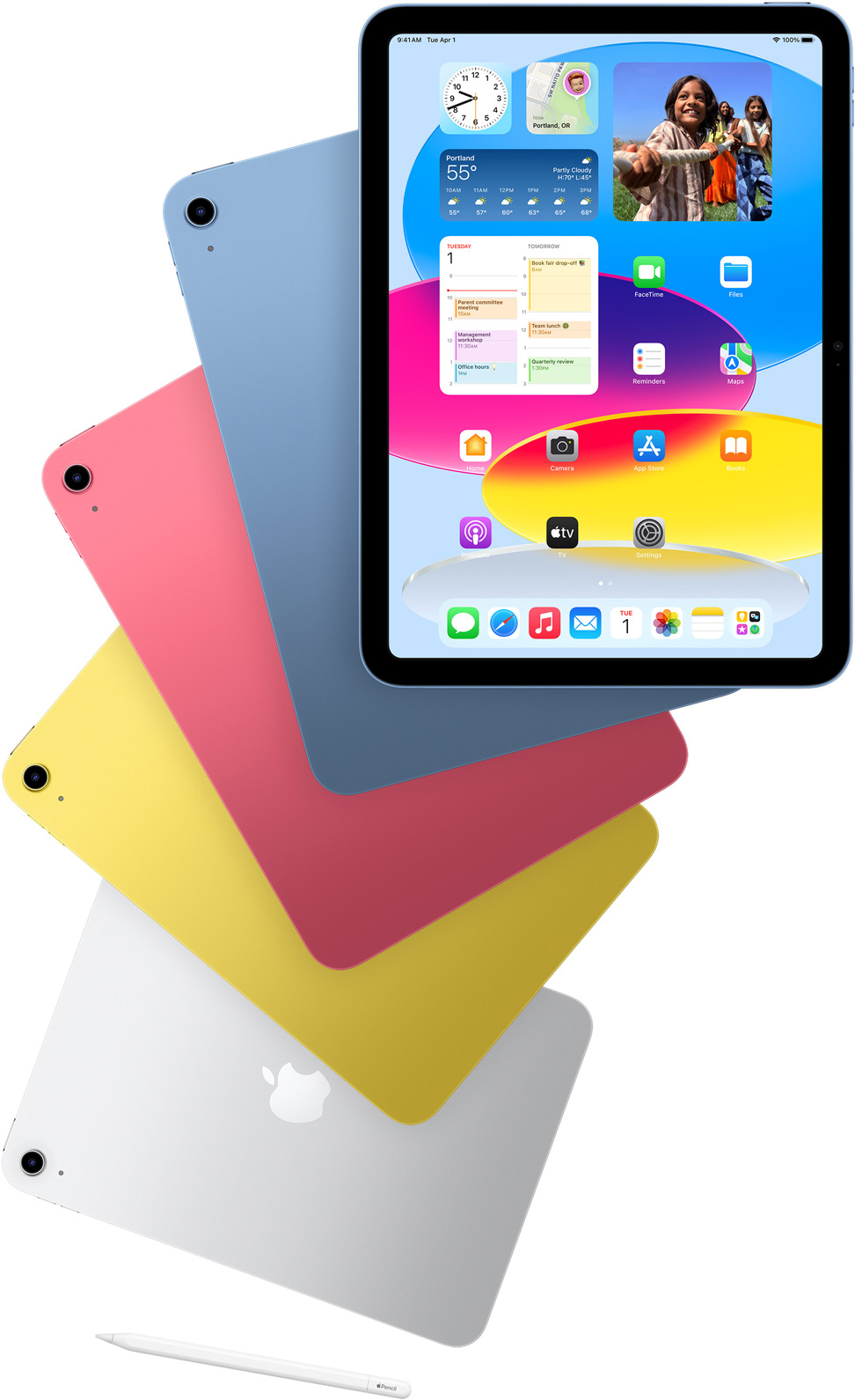 Vooraanzicht van een iPad met beginscherm en een achteraanzicht van vier iPads in het blauw, roze, geel en zilver. Bij deze iPads is een Apple Pencil te zien.