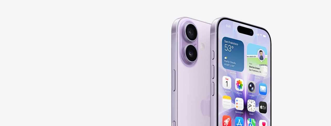iPhone 17 en finition lavande, face avant avec écran d’accueil partiellement affiché, boutons Action et réglage du volume visibles sur le bord. Face arrière montrant le système à deux caméras Fusion dans le coin supérieur gauche, bouton Commande de l’appareil photo