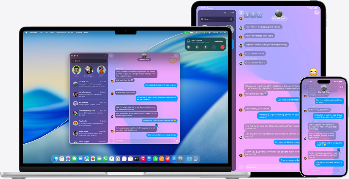 Produits Apple : MacBook Air 15 pouces, iPad Pro 13 pouces et iPhone 16 Plus, affichant tous la même conversation iMessage