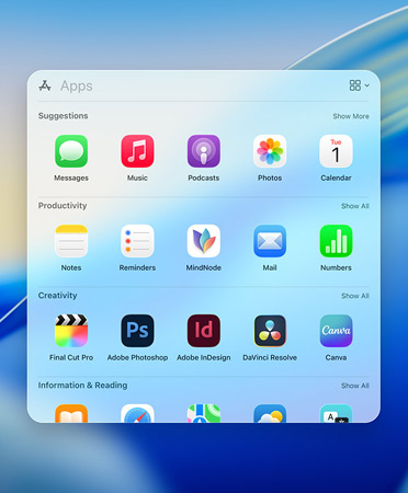 Spotlight Browser-Menü zeigt Apps mit Kategorie-Filtern: Dienstprogramme, Social, Produktivität und Finanzen, Unterhaltung sowie Informationen und Lesen