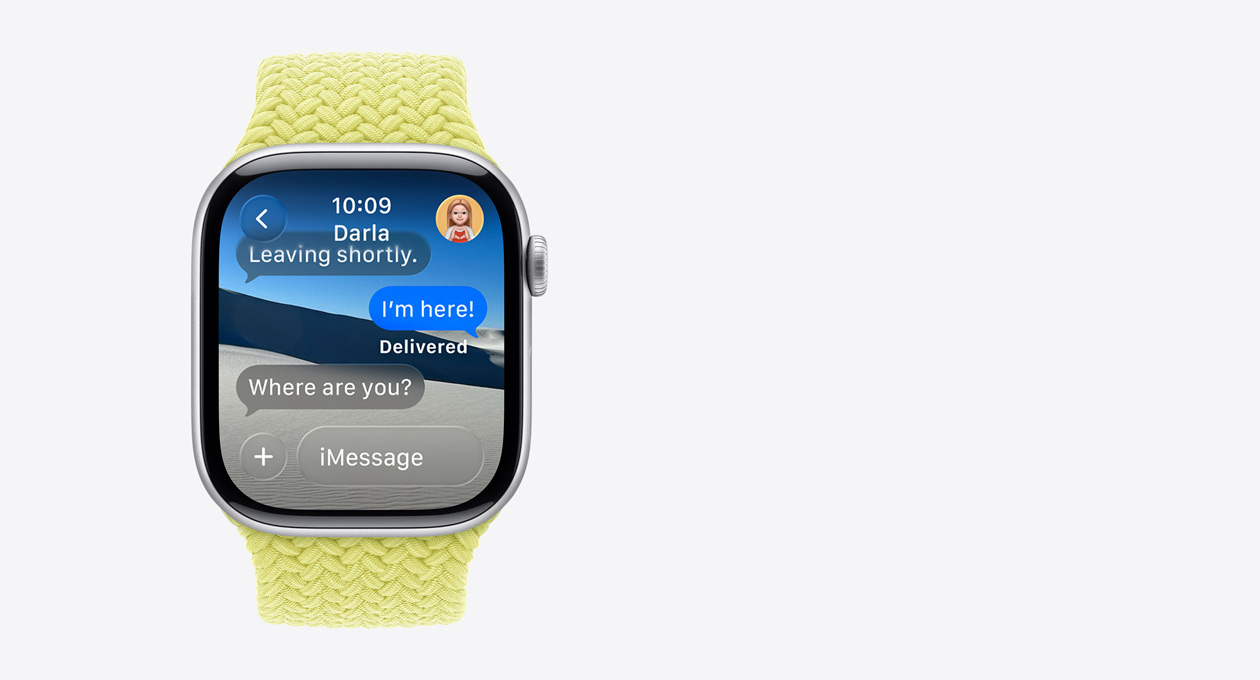 Apple Watch prateado, bracelete azul-violeta, mensagem translúcida no ecrã que diz "Onde estás?", a palavra Sugestões surge abaixo com a ação inteligente Partilhar localização durante 1 hora
