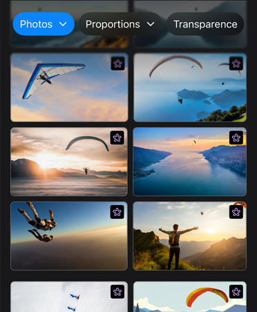 Écran affichant huit images de parapentistes en plein vol, avec des boutons en haut pour Photos, Aspect et Transparence