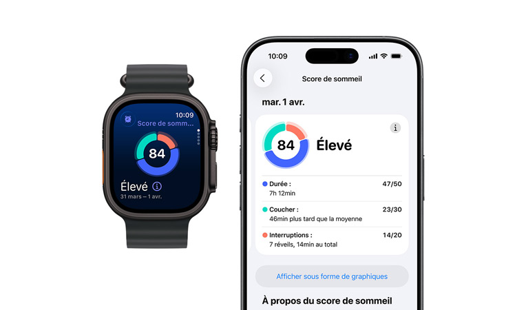 Apple Watch Series 11, boîtier en aluminum, couleur or rose, app Signes vitaux, tableau des scores de santé, notification indiquant des signes vitaux nocturnes habituels, côté droit, Digital Crown, Bracelet Sport rose tendre