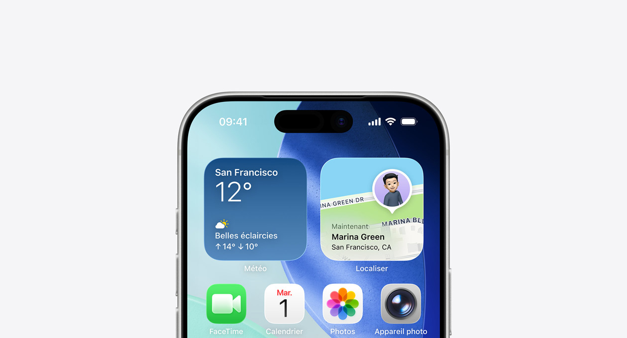 iPhone, partie supérieure de l’écran montrant l’écran d’accueil avec les widgets Météo et Localiser dans la rangée supérieure