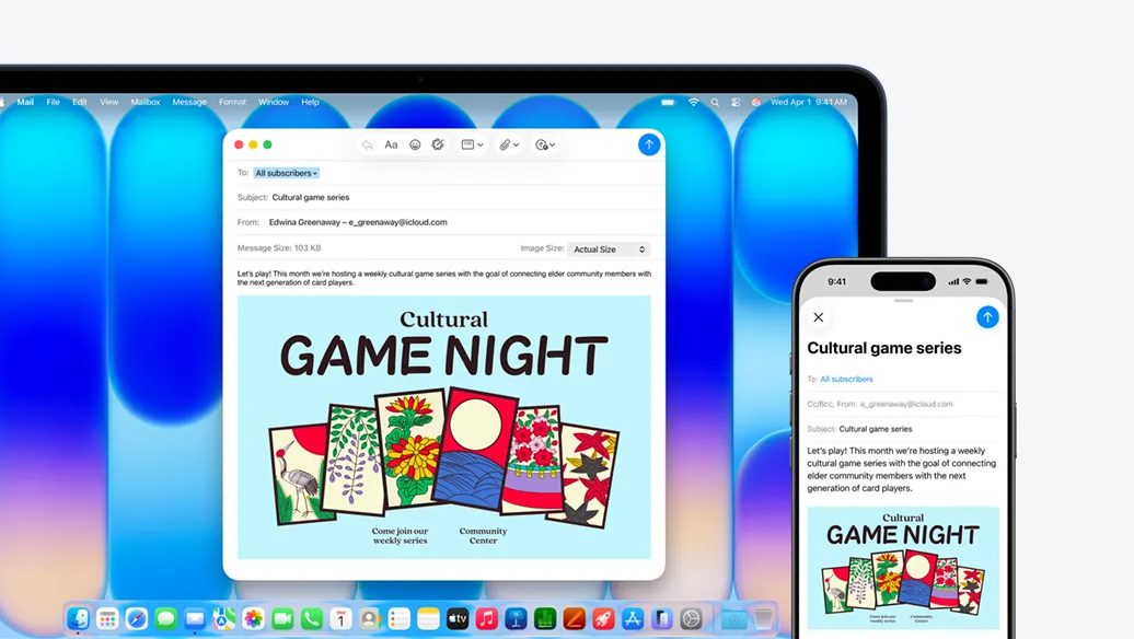 MacBook Neo, indigo color, next to iPhone, both screens show the same email, announcing an event at a community center