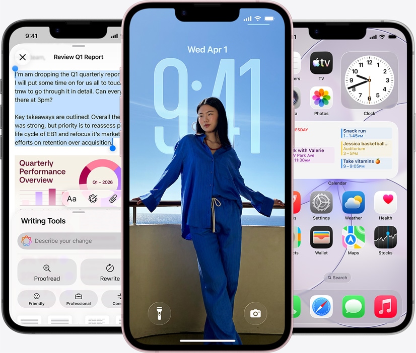Három iPhone 17e elölnézetből, egy képernyőfotón az Íráseszközök van használatban, a zárolási képernyőn egy személy fotója jelenik meg, az Üzenetek appban pedig műholdas kapcsolaton keresztül küldenek üzeneteket
