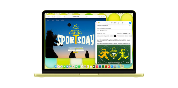 Több alkalmazás nyílik meg a MacBook Neón, köztük a Safari és a Mail. Látszik egy szóróanyag, amely a negyedik éves kulturális sportnapot hirdeti angolul.