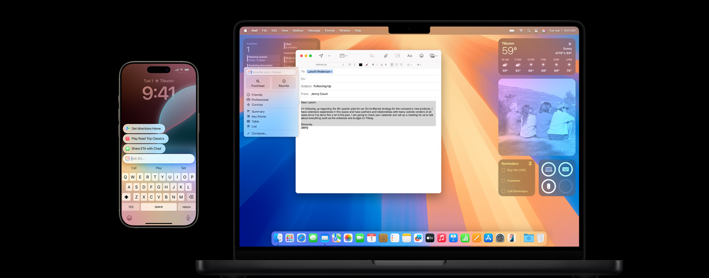 iPhone dan Mac yang memperlihatkan Apple Intelligence.