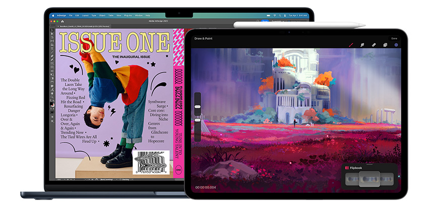 Aplikasi desain ditampilkan di MacBook dan iPad, dengan Apple Pencil Pro di samping iPad.