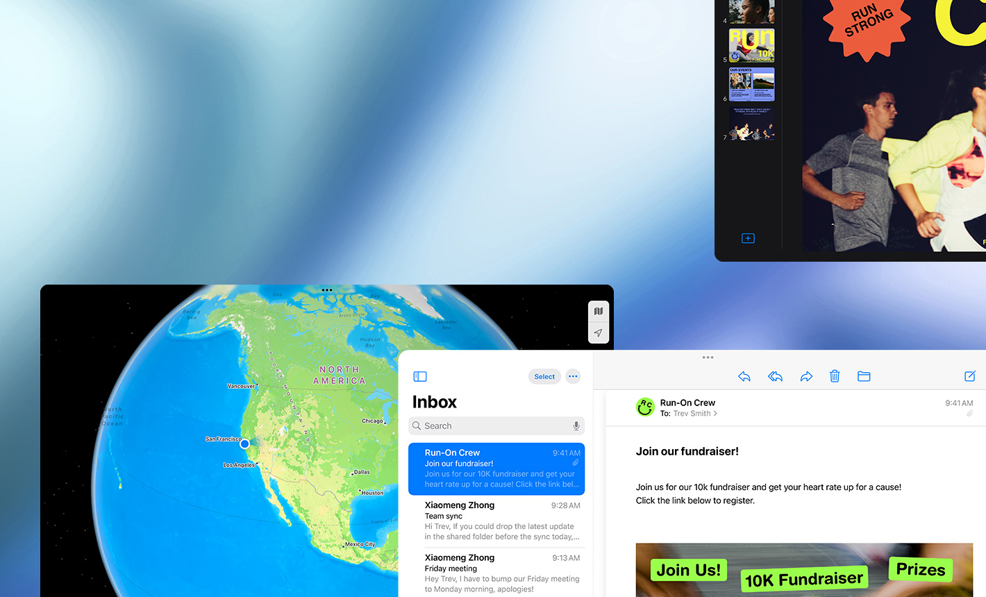 Beberapa layar dengan berbagai aplikasi berbeda yang sedang digunakan, orientasi lanskap