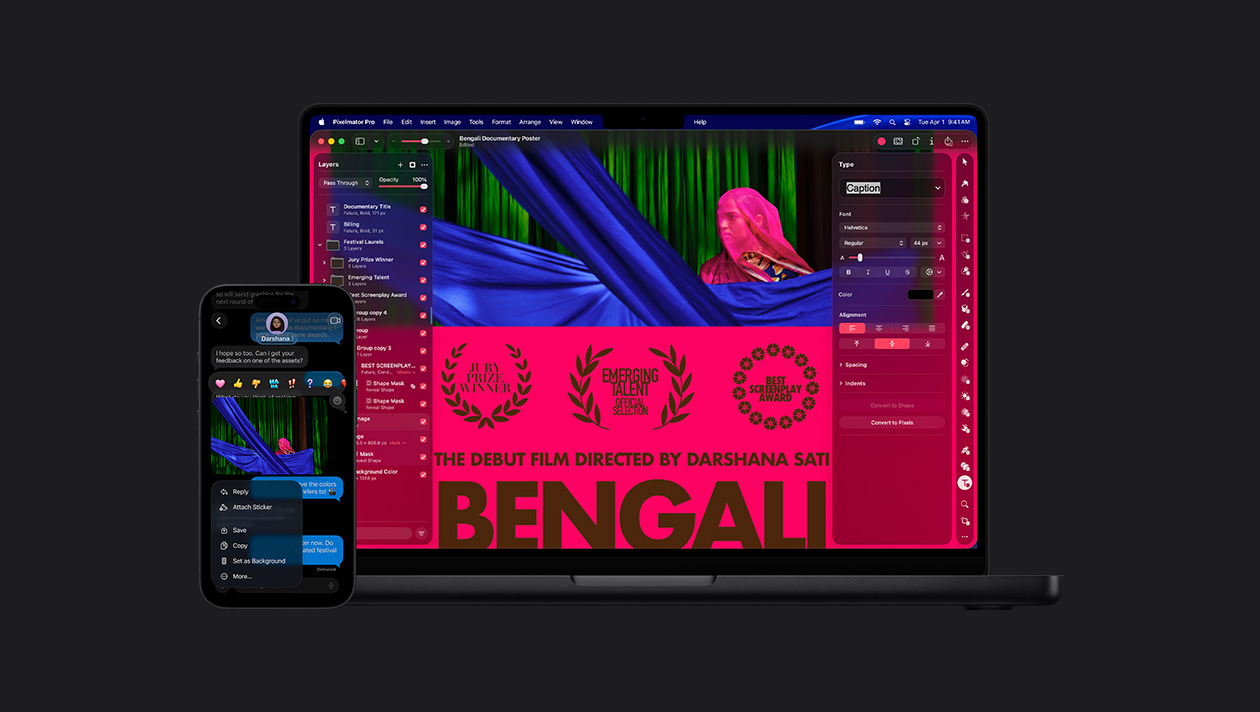 Layar iPhone 16 menampilkan foto seorang perempuan dengan kerudung pink di aplikasi Pesan, reaksi emoji, opsi gambar, layar MacBook Pro 14 menampilkan foto seorang perempuan dengan kerudung pink, poster film, alat pengeditan di sisi kiri dan kanan