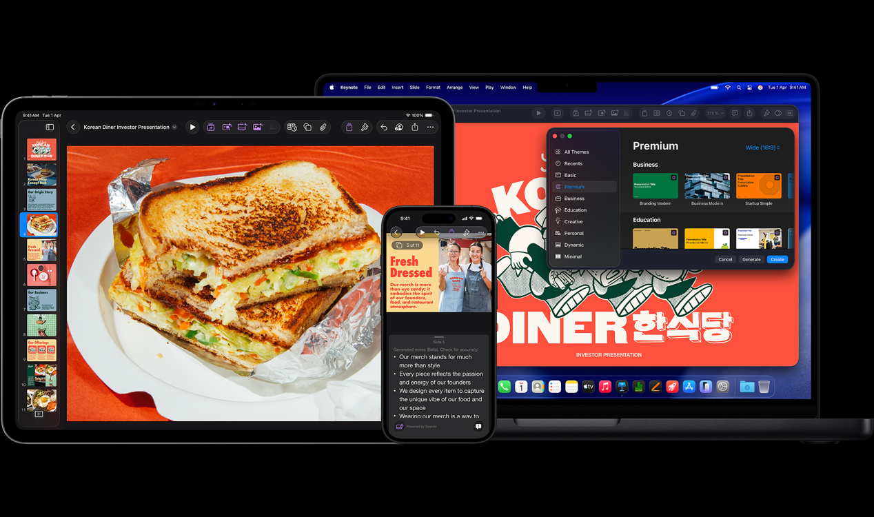 iPad Pro 13 screen showing Keynote with generative imagery of a bowl of vegetables and a fried egg, iPhone 16 screen showing Keynote with photo of two women and presenter notes, MacBook Pro 16 screen showing Keynote of a presentation with the Theme window open